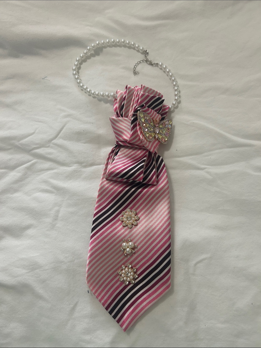 Pink Striped Tie Necklace with Pearl Accents